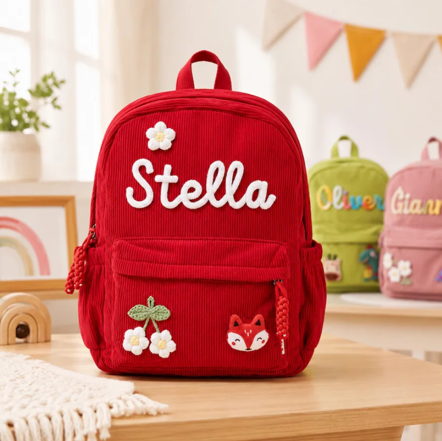 Large Size Corduroy Backpack for Toddlers, Personalized Preschool Daycare School Bag, Custom with Name Kids Back to School Gift
