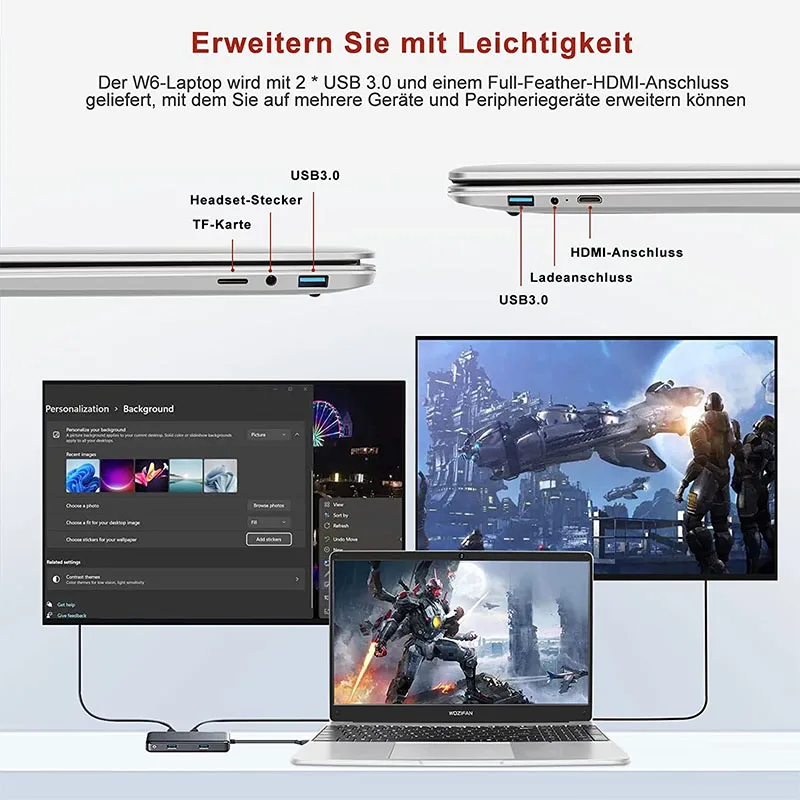 Wozifan laptop 128gb ssd unterstützung erweiterung 15.6 "intel 6gb laptop windows fhd1080 2,4g 5g wifi bt 4,2 hdmi drahtlose maus silber