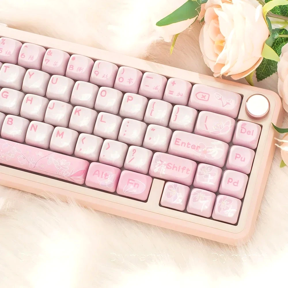 Pink MOA Key Cap Set PBT 131 Key Cherry Blossom Theme for 60/64/84/98/108 Mechanical Keyboard Accessories