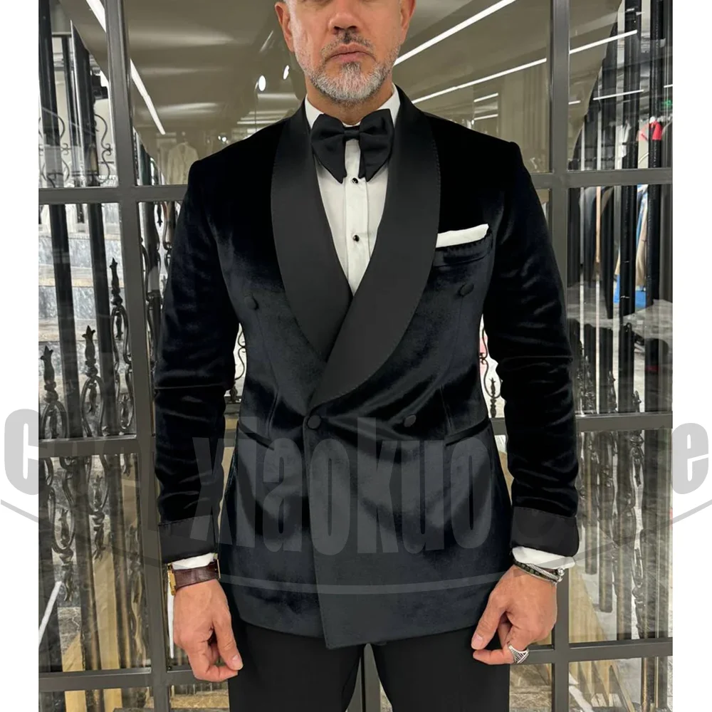 Men's Black Velvet Suits Chic Double Breasted Shawl Lapel Tuxedos Luxury Formal Wedding Party Evening Slim Male Suit 2 Piece