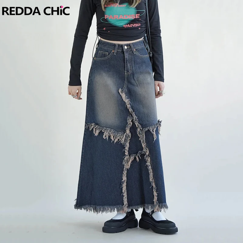 

ReddaChic Star Patchwork Denim Maxi Skirt for Women Y2k Vintage Stitch Long Jeans Skirt Korean Streetwear