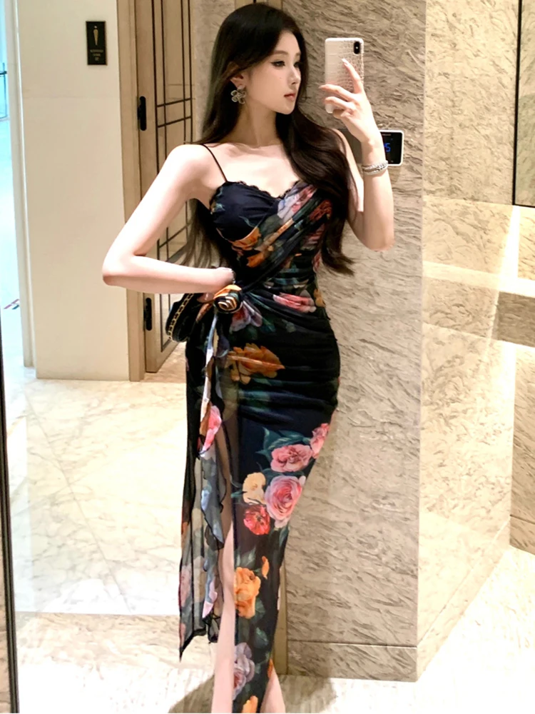 Women Korean Vintage Long One-piece Dress Gown Summer Black Mesh Floral Chic Sling Dress 2026 Elegant Pleated Bodycon Prom Dress