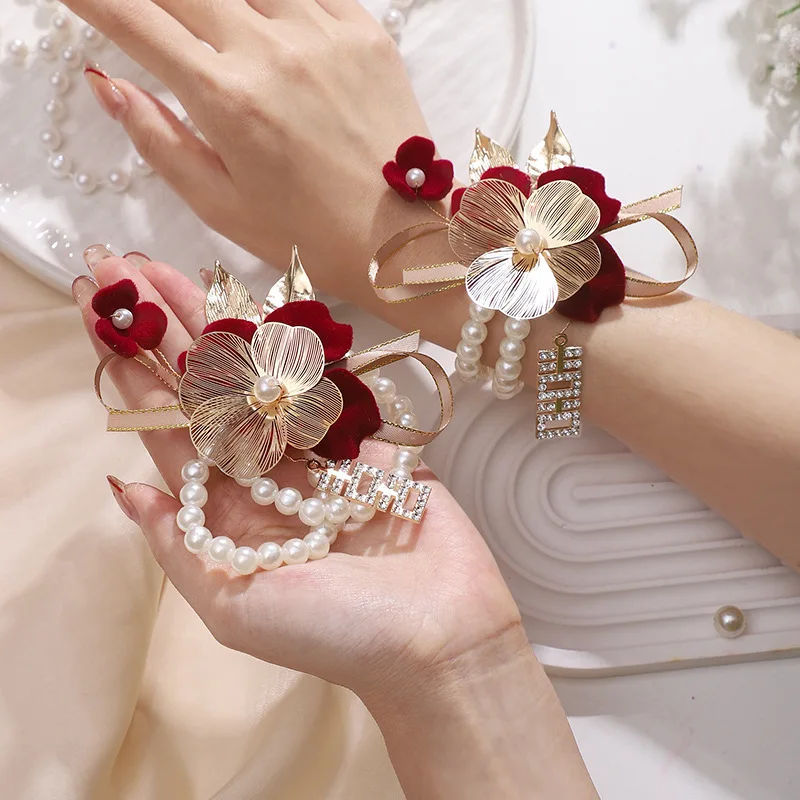 Pearl Rose  Bracelet Flowers, Elegant Bridal Wrist Flower for Wedding Party, Delicate Bride Bridesmaid Hand Jewelry