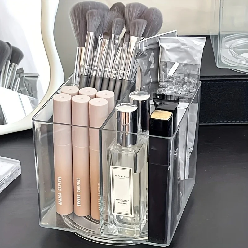 360 °   Soporte giratorio para brochas de maquillaje, estante de almacenamiento plano de maquillaje transparente acrílico, lápiz labial, lápiz de cejas, caja de almacenamiento para sombra de ojos
