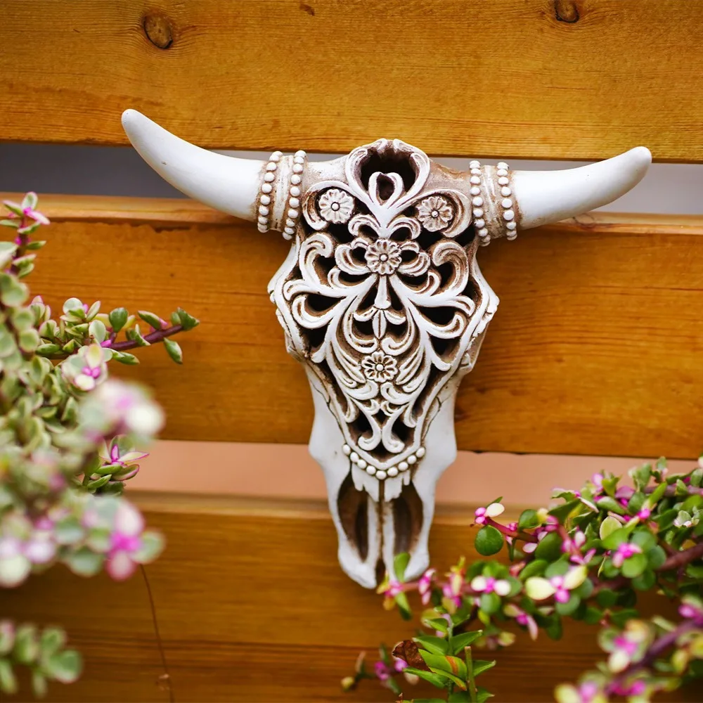 

Retro Bull Skull Ornaments 3D Hollow Animal Sculpture Resin Longhorn Cow Head Crafts Wall Hanging Decoration Home Decor Figurine