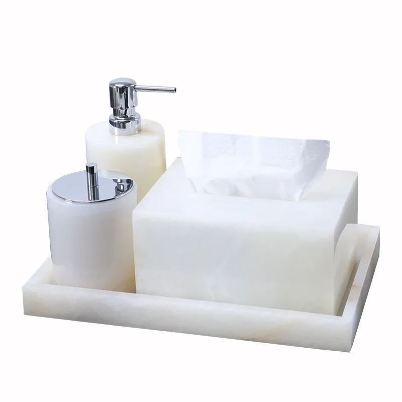 100% Natural Marble White Marble Bathroom Accessories Set Hotel Tissue Box Tray Toothbrush Holder Soap Dispenser view 4