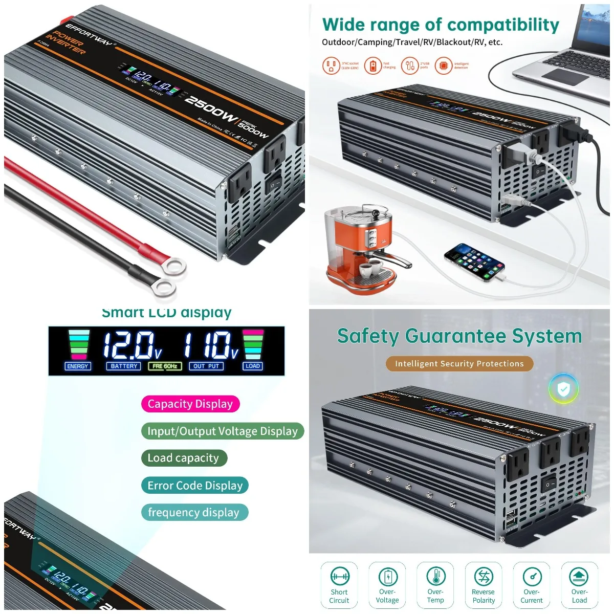 

2500W Inverter 12V to 110V AC Converter with LCD, 3 AC Outlets, 2 USB - RV Camping Solar Inverter