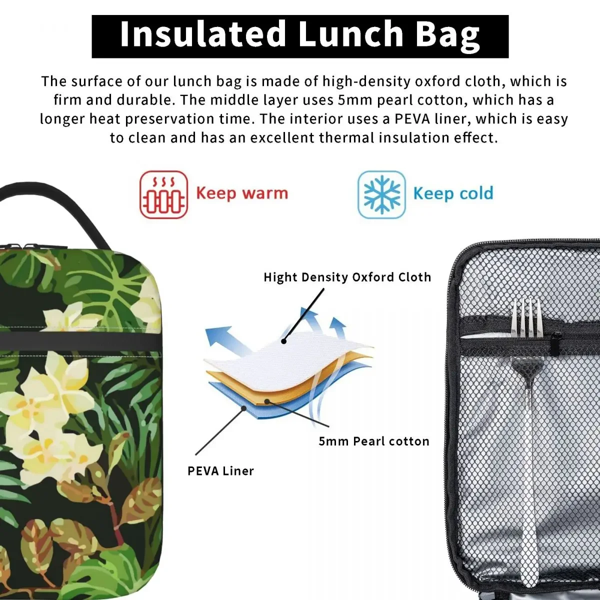 Bolsa de almuerzo con aislamiento de hojas tropicales para niños, fiambrera Floral, enfriador escolar Retro, bolsas térmicas Oxford portátiles