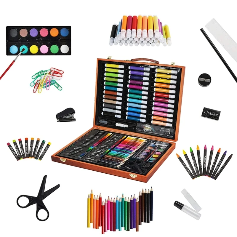 150 Pcs Art Painting Supplies in Wooden for Case with Watercolor Pen/Colored Pen