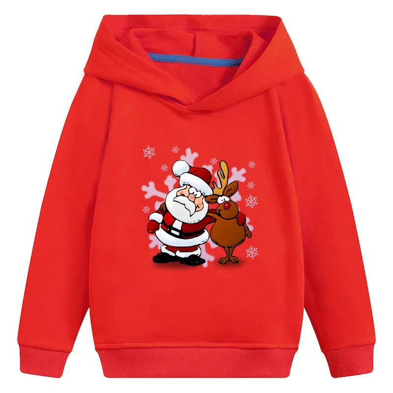 Santa And Deer Merry Christmas Cartoon Kids Hooded Hoodies Funny Girls Clothes Children Sweatshirts Baby Pullover Tops,KMT2022