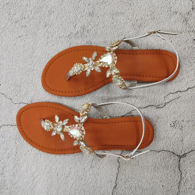 2024 Trendy Summer Women\'s Shoes Large Size Beautiful Crystal Shiny Flat with Female Sandals Bohemia Back Strap Footwear