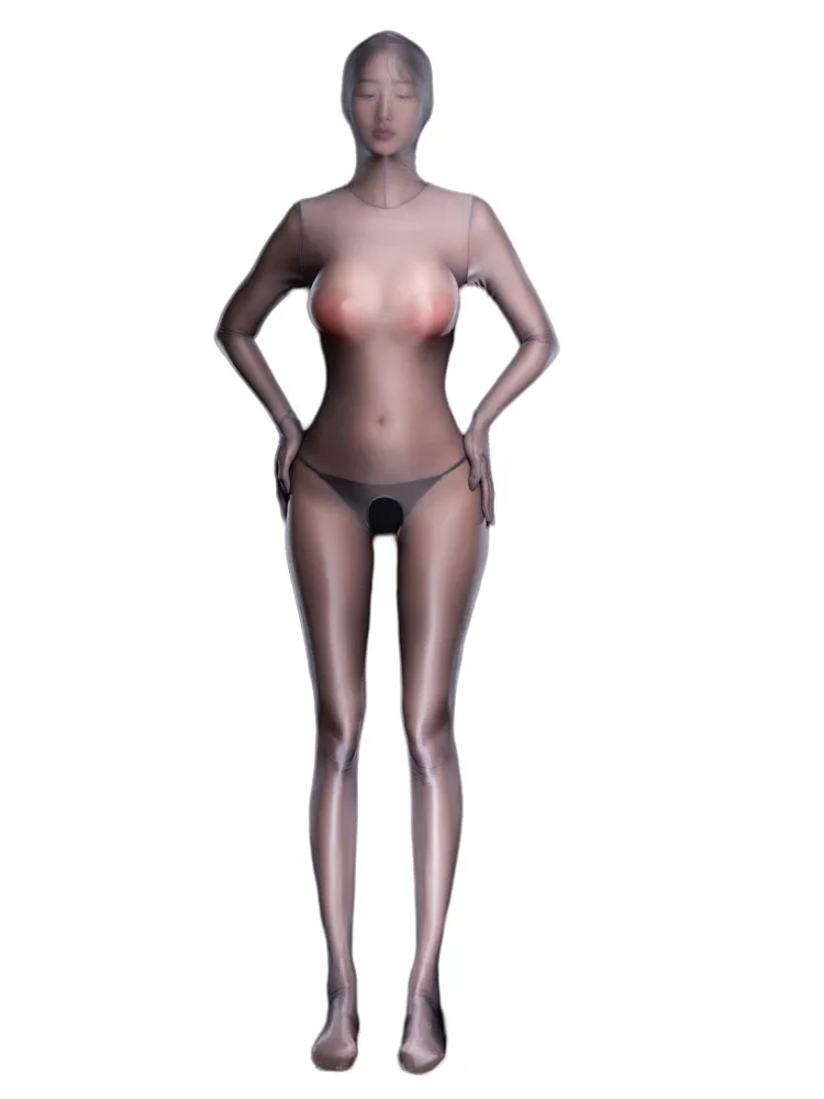 

Full Cover Women's Jumpsuit Oil Glossy Sheer Elastic Dance Unitard Exotic Tights Open Crotch Bodysuit With Five Finger Leotard