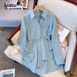 Asymmetrical Chain Ruffled Business Casual Elegant Chic Button Up Shirt for Women Korean Fashion Long Sleeve Loose Blouses Tops