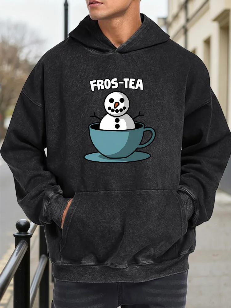 

Мужская винтажная потертая толстовка с рисунком Snowman Coffee Cup, потертый пуловер в стиле ретро, уличная повседневная толстовка