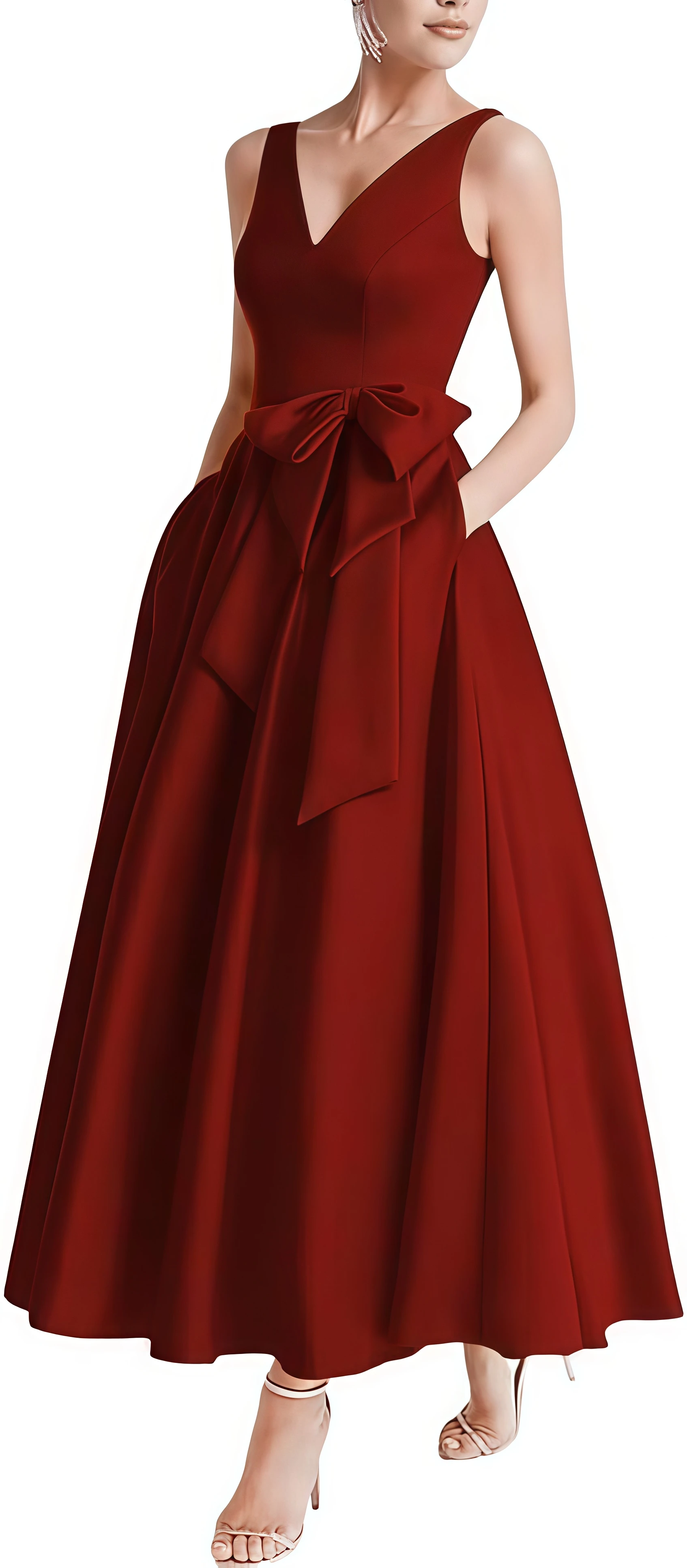 

Satin Prom Dresses Tea Length Mother of The Bride Dresses Sleeveless V Neck Evening Formal Dress With Pockets Bow