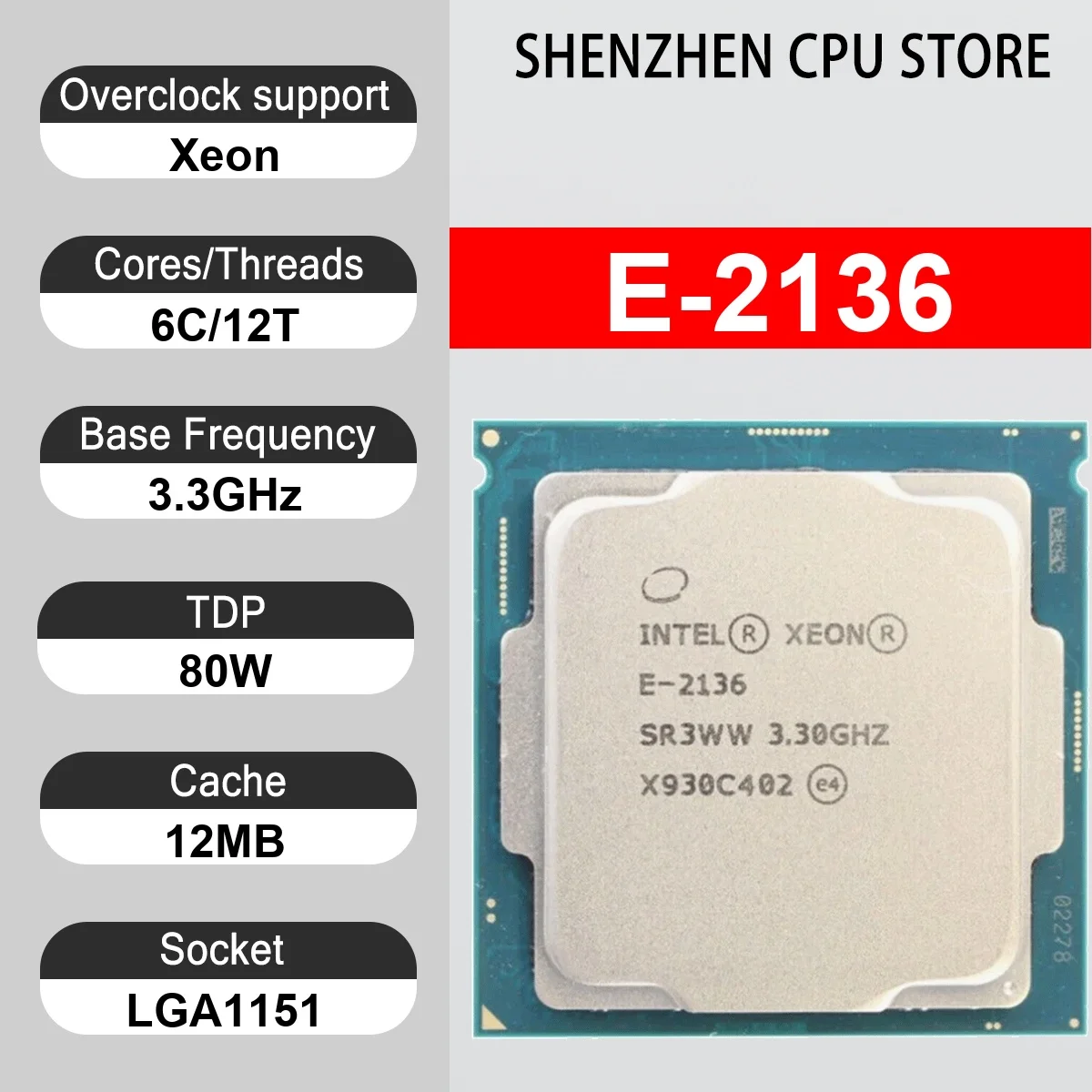 Intel Xeon E-2136 6 Core 12 Thread 3.3GHz 80W 12MB Cache 14nm LGA1151 SR3WW DDR4 2666 MHz Coffee Lake