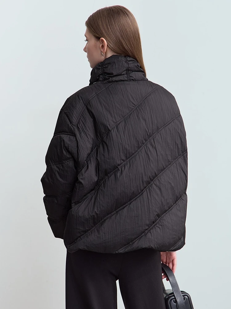 AMII Minimalist Streetwear Down Jacket For Women 2025 Winter Casual Stand Collar Pleated Letter Embroidery Female Coats 12444042