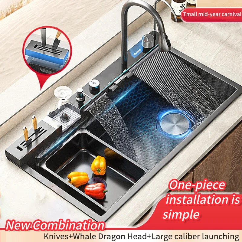 

Digital Display Stainless Steel Kitchen Sink Waterfall Right Side Undermount Washing Vegetable Basin Household Large Single Sink