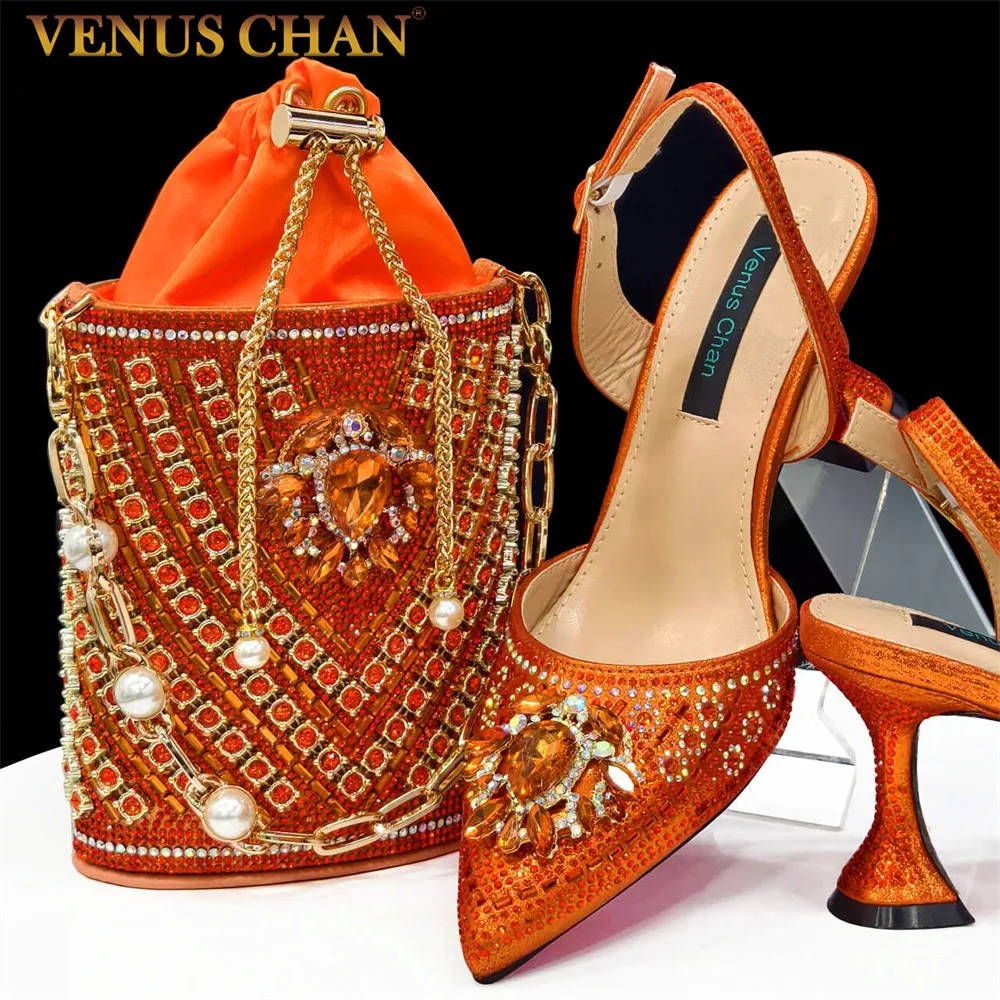 Venus Chan Italian Shoes and Bags Matching Set 2024 Nigerian Heel Party for Women Orange Colour Italian Design Wedding INS 2024