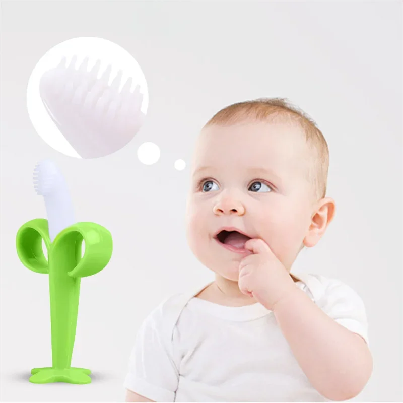 BPA Free Baby Training Toothbrush Silicone Banana Shape Chew Toy Safe Teether Teething Ring Gift for Newborn Infants