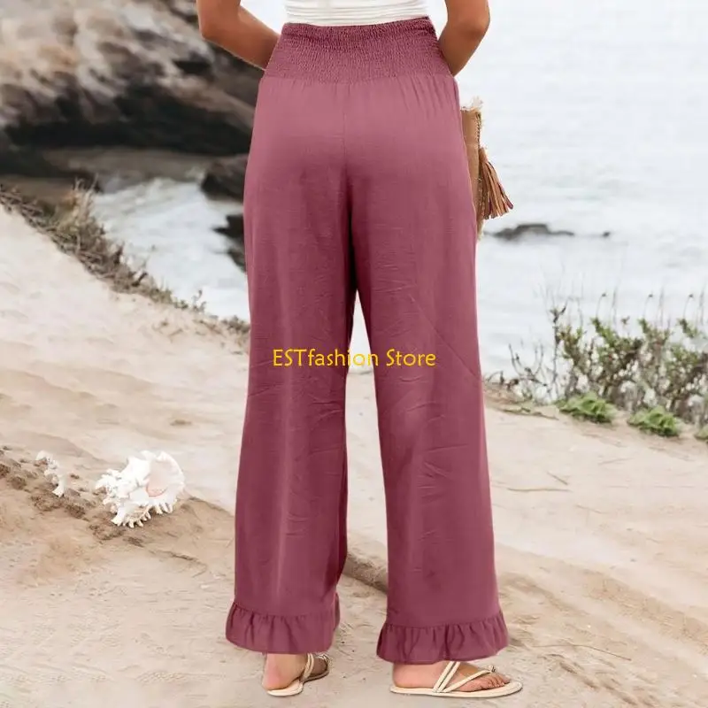 Y5GC Women's Wide Leg Linen Pants with Ruffled Trim Smocked Waist Lounges Trousers