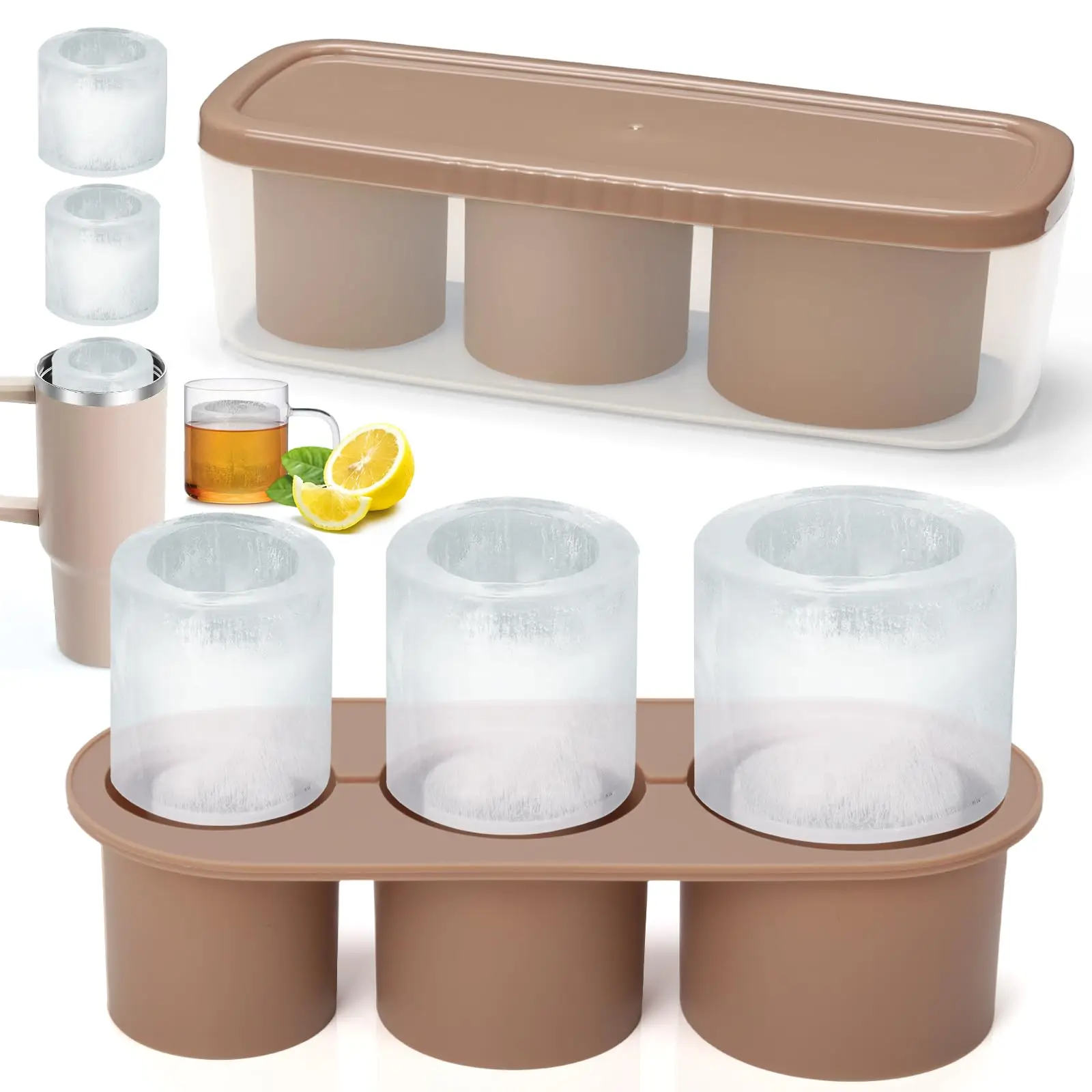 3-Gitter-Eiswürfelform für Stanley 30/40 Oz Tumbler Cups, wiederverwendbare Zylinder-Silikon-Eiswürfelformen mit Deckel für Getränke, Saft, Kaffee