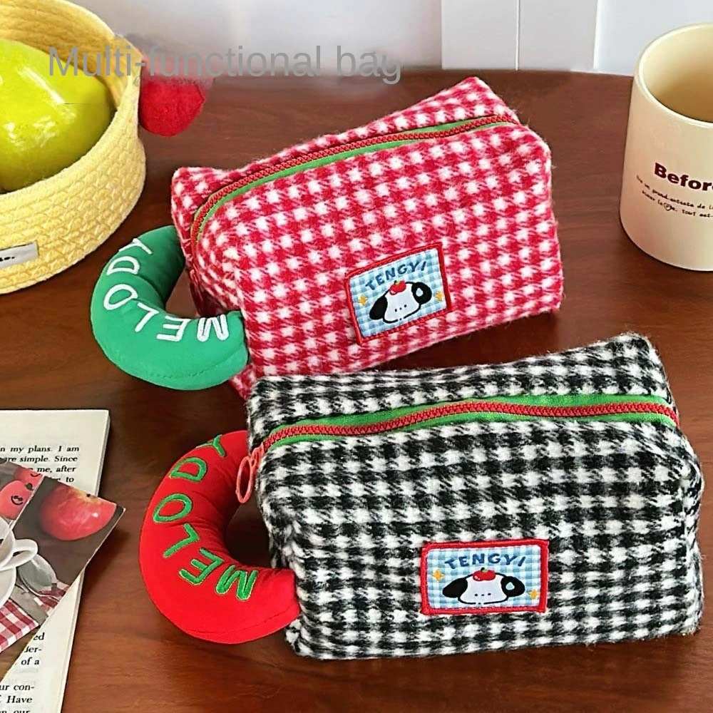 Desktop Storage Stationery Bag Black/Red Large Capacity Korean Style Pencil Case Cartoon Plaid Ins Style Cosmetics Bag School