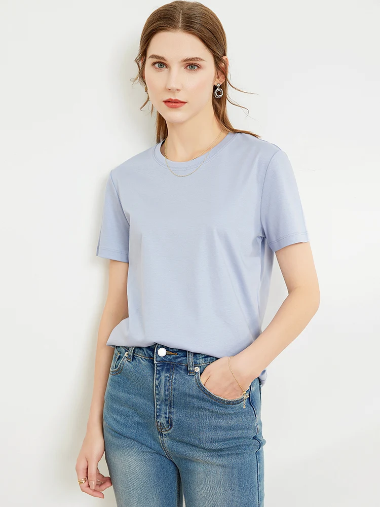 Spring Summer Women Mulberry Silk T-shirt Round Neck Solid Color Loose Mercerized Cotton Woman T-shirt Simple Casual Tops 2021