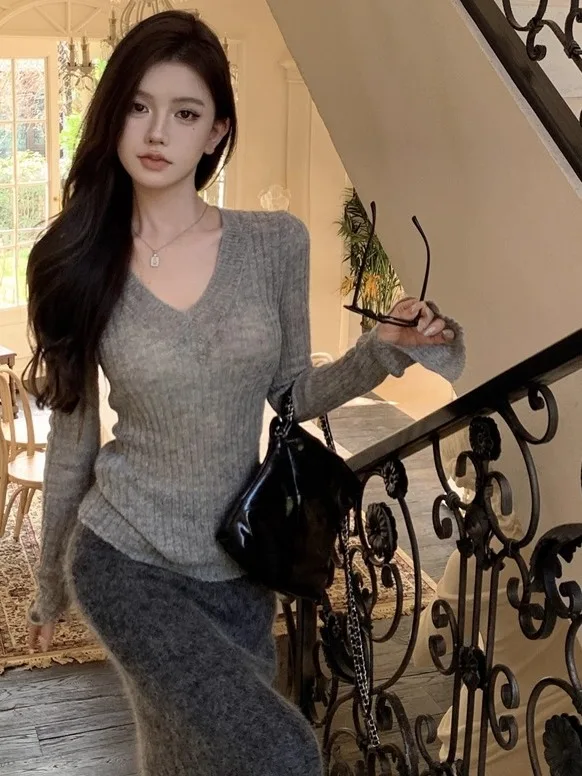 

Ele ey Slim Fit трикотажная длинная футболка све женская V-Ne Sli Base irt весна осень сексуальный эффект похудения