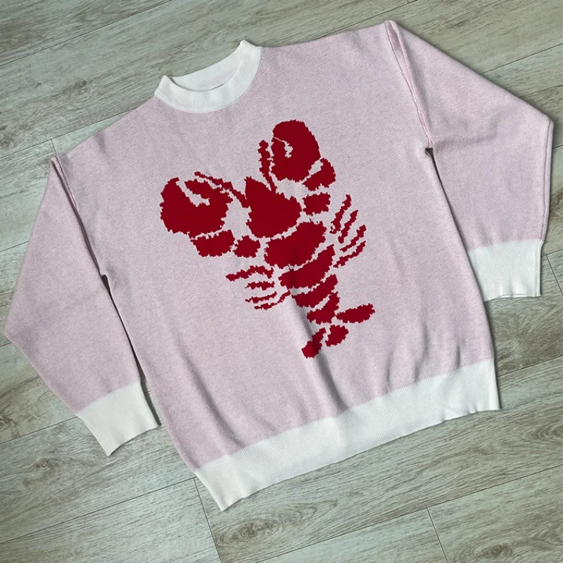 Women Fashion Long Sleeve Vintage Knit Sweater Girl Loose O Neck Pink Pullover Tops Scorpion Print Loose Couple Jumper Sweaters