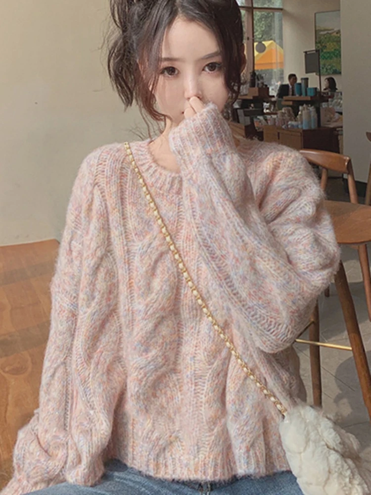 가을 겨울 핑크 부드러운 스웨터 여성용 달콤한 루즈핏 아우터웨어 짧은 니트 풀오버 캐주얼 라운드넥 긴팔 편안한 상의