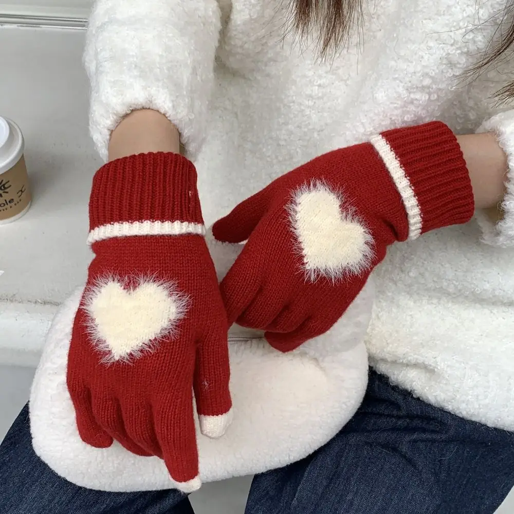 هدية مثالية على الطراز الكوري قفازات على شكل قلب سميكة دافئة مقاومة للبرد قفازات محبوكة تعمل باللمس قفازات شتوية للخريف والشتاء #1