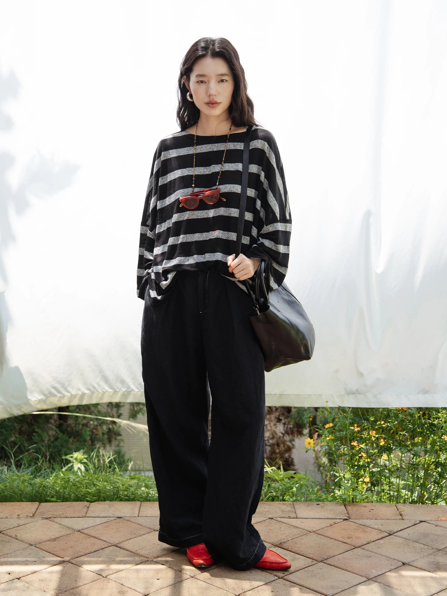 Special Bloom 523 Black White Grey Unseen Landscape Linen Blend Striped Color Block Autumn Long Sleeve T-Shirt Casual Style U...