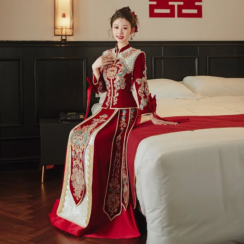 New velvet heavy-duty embroidery Chinese-style wedding toasting attire
