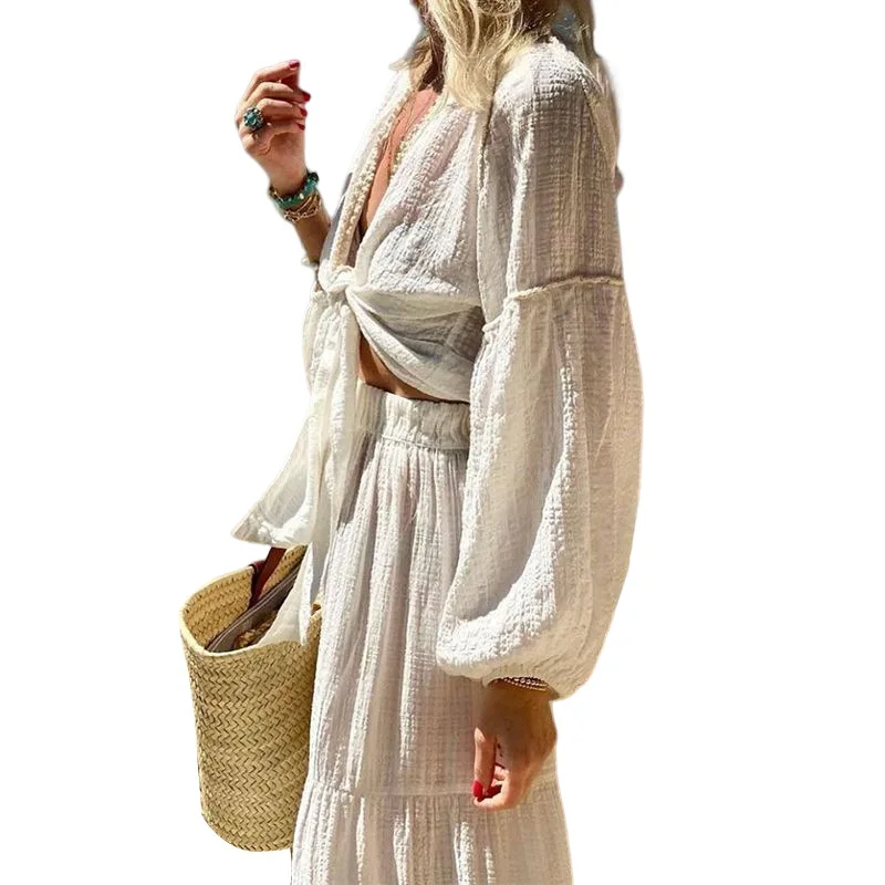 Summer New Cross-border Women\'s Boho Style Bubble Sleeve Cardigan Skirt Two-piece Women\'s Summer Long Dress Beach Vacation Set