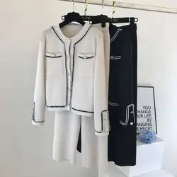Autumn Suit Women Tracksuit New Fashion Round Neck Knitted Cardigan Top + Loose Wide Leg Pants Two Piece Sets