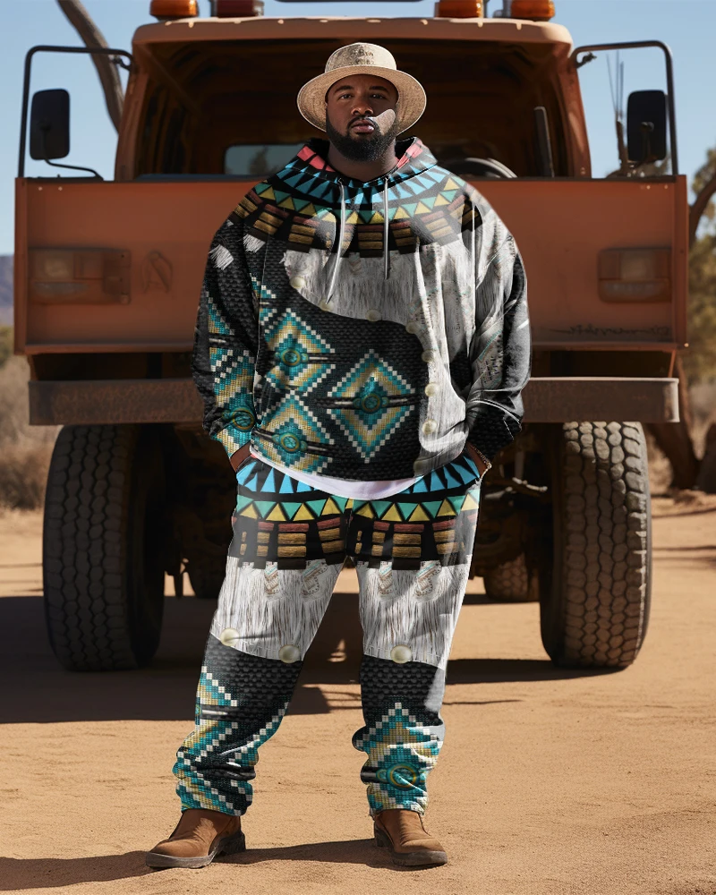 Biggmans Plus Size Voor Heren Blauwe Hoodie Set Kleding Western Bull Totem Print Lange Mouw Patroon Groot En Lang L-9Xl