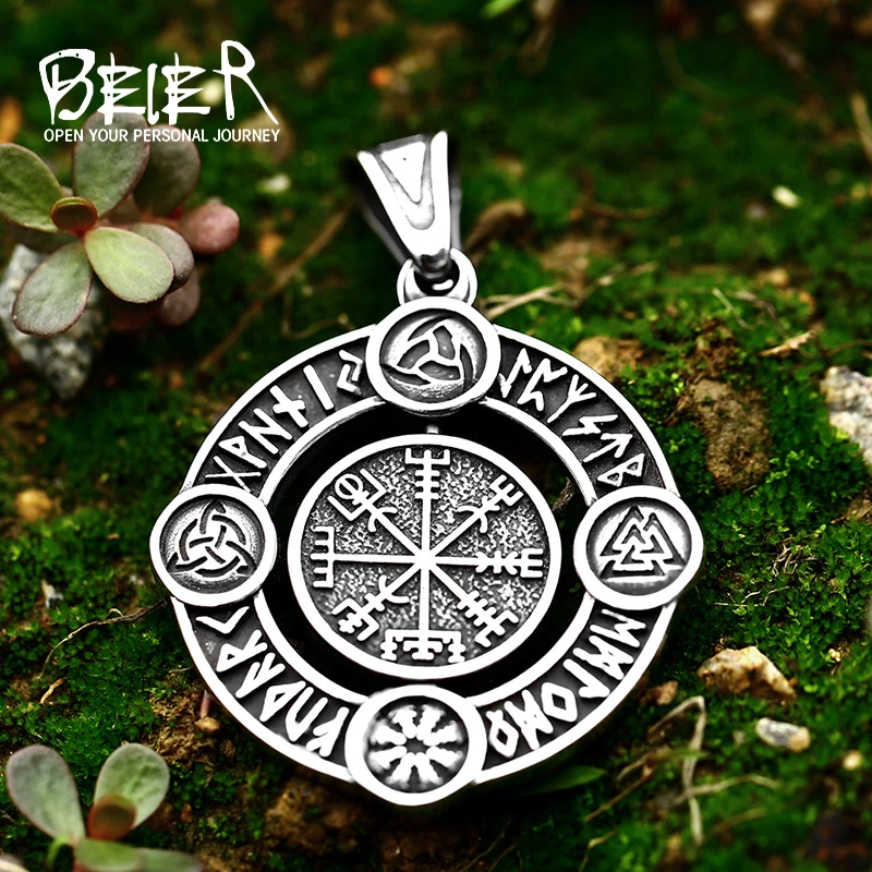 Beier classic Viking pendant necklace round Amulet Hammer Norse viking talisman rotatable alphabet Men Jewelry BP8-516