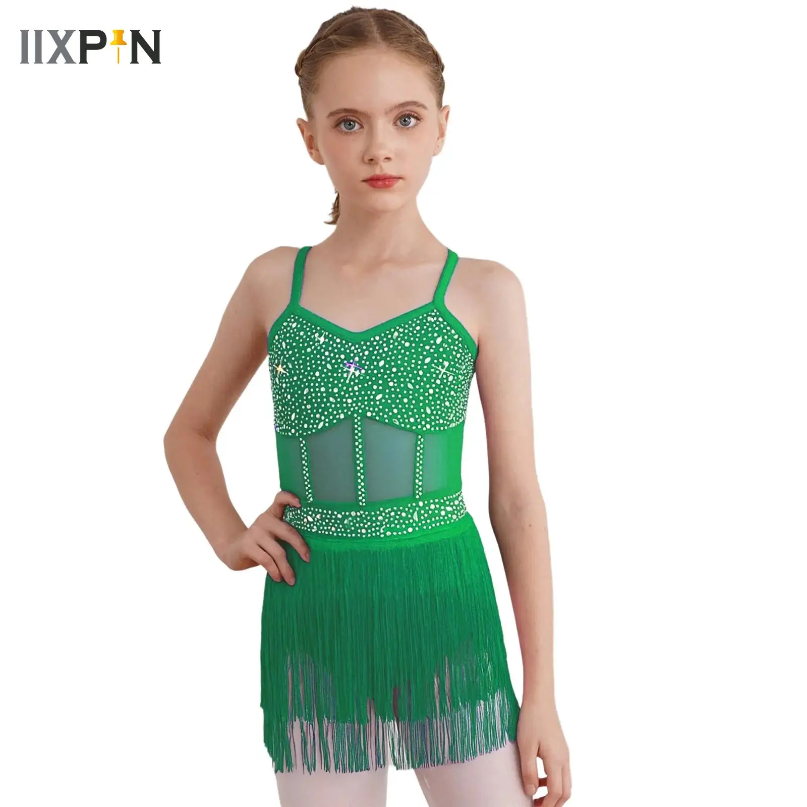 

Kids Girls Ballet Tassel Latin Jazz Salsa Leotard Dance Dress Tango Dance Costumes Sheer Mesh Rhinestones Fringed Bodysuit Dress