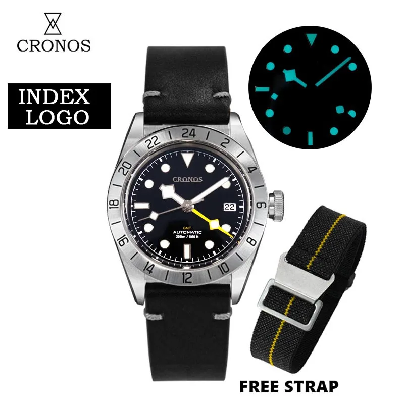 

Cronos 39mm Men Watch GMT NH34 Automatic Mechanical Movement Watches Vintage Leather Sapphire Glass Date Window BGW9 Wristwatch