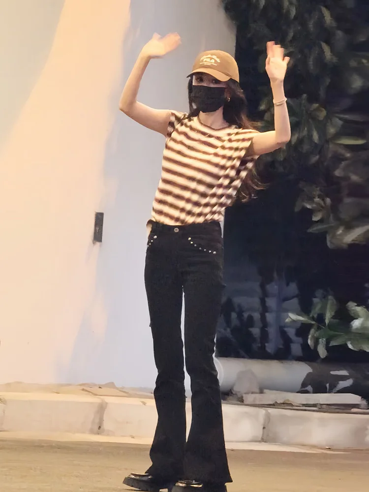 

Ele High Waist Fce Lined Micro Flared Denim Jeans Women's Rivet ket Slim Fit Bla Hoof Pants Autumn Cotton