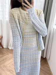 Women Gradient Wave Striped Sweater Round Neck Single Breasted Long Sleeve Casual Spring 2024 Knitted Cardigan