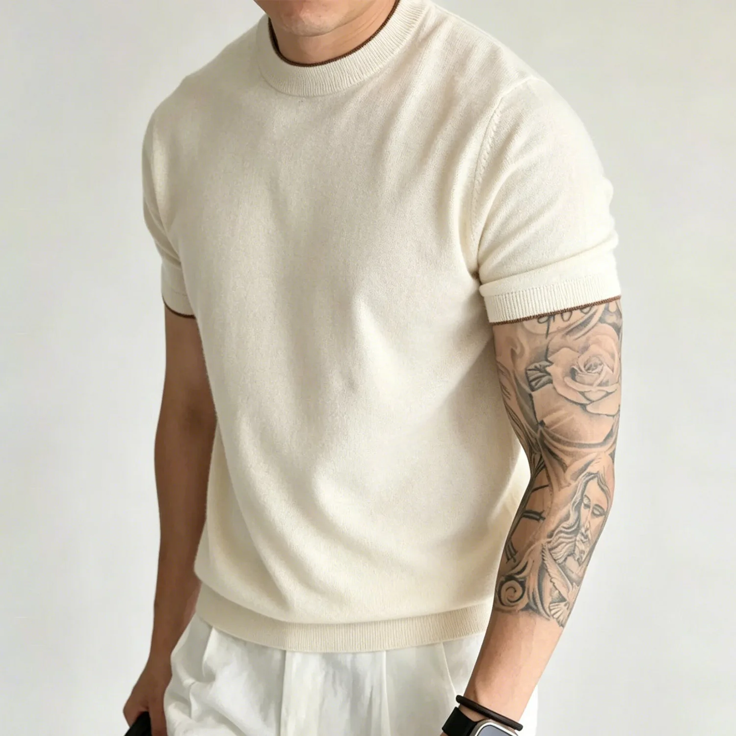 Light Luxury Cashmere Blend Anti Pilling Knitted Short Sleeved Round Neck T-shirt for Men