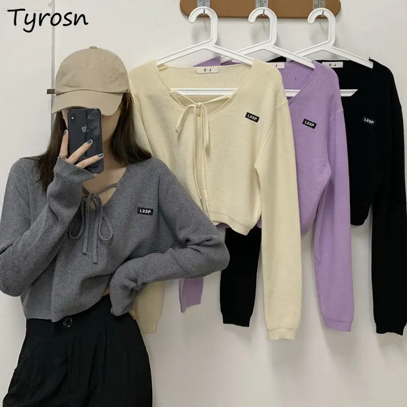 

Women Pullovers V-neck Lace Up Solid Cropped Tops Fashion Vintage Casual Streetwear Loose Autumn All-match Leisure New Knitting