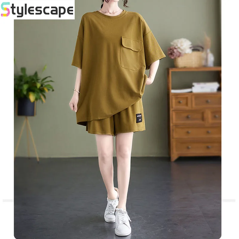 

Short Sleeved Set for Women's Fashion, Plus Size Casual Pocket Design Slimming Shorts Two-piece Set for Womenpant Sets Short Set