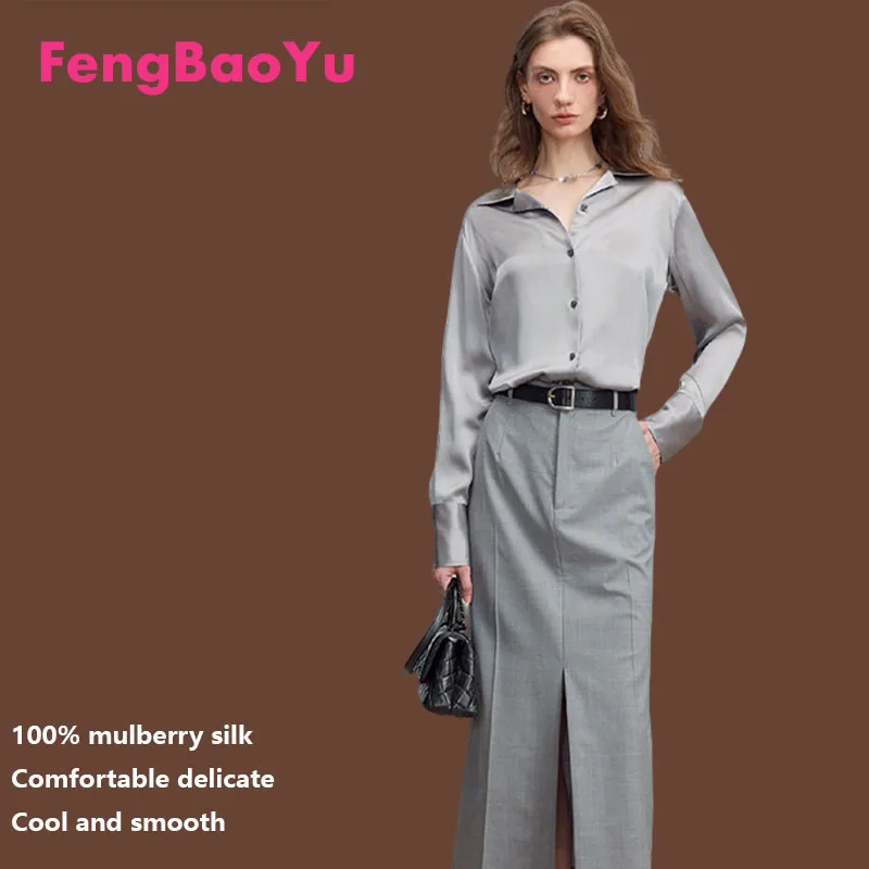 

Fengbaoyu 100% Natural Silk Women's Shirt Elegant Collar Top for Urban Fashion and Casual Streetwear Comfortable and Cool