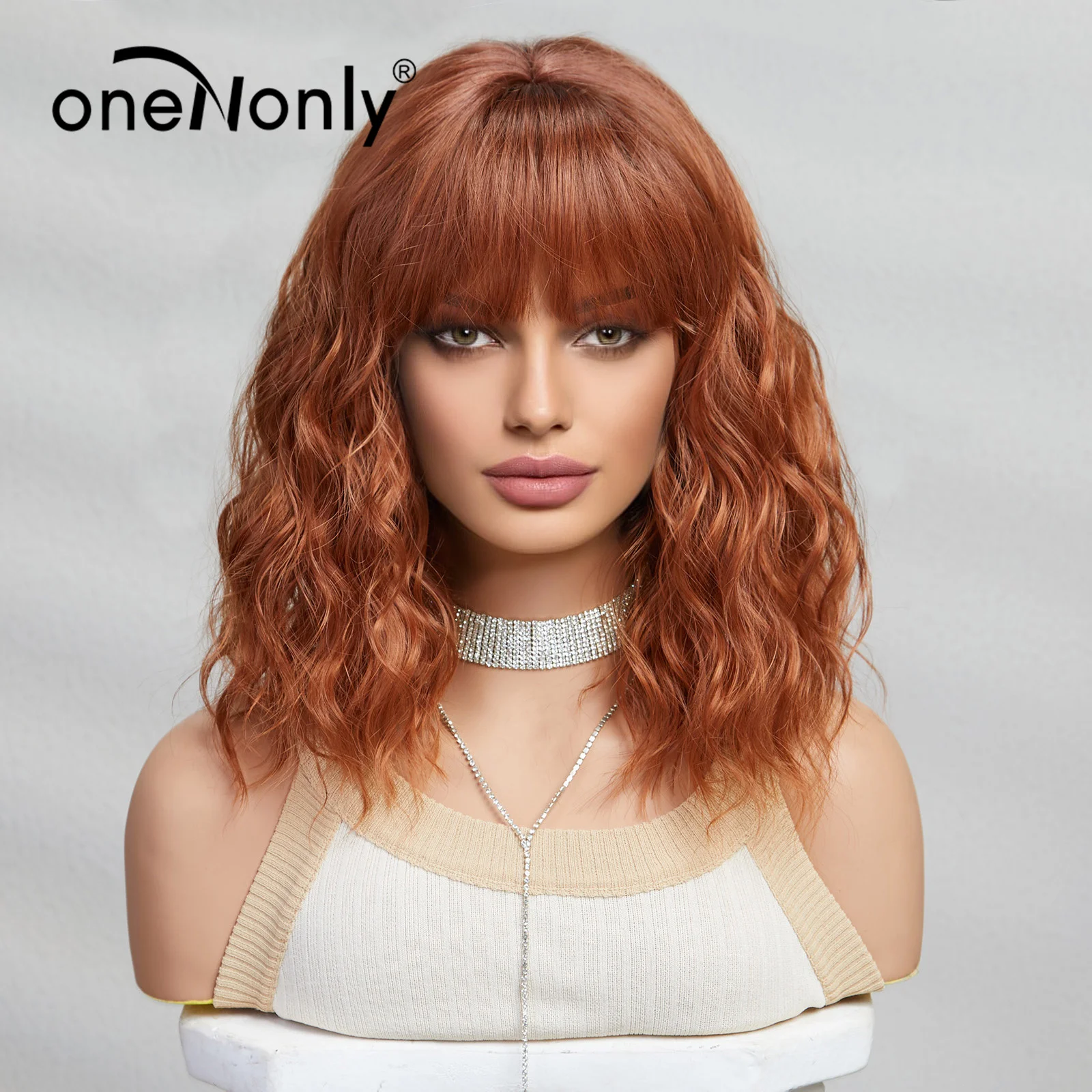 oneNonly Short Copper Orange Wig with Bangs Bob Synthetic Wigs for Women Lolita Party Natural Hair Wigs High Temperature Hair