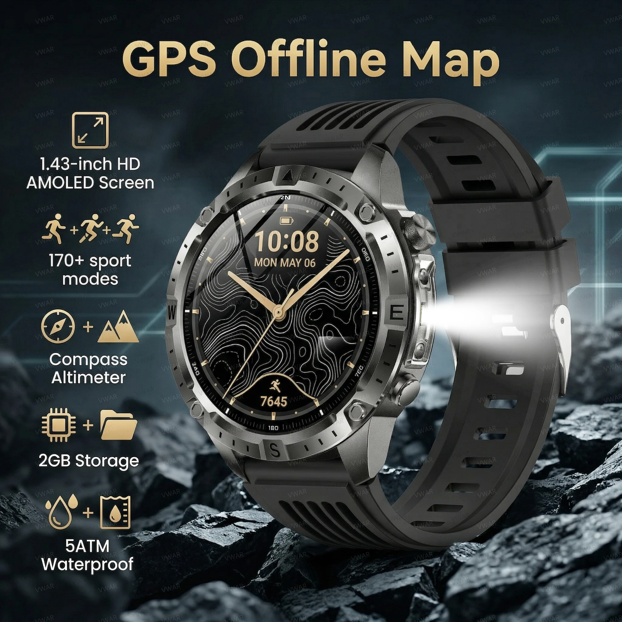 

VWAR Trek GPS Smartwatch with Offline Maps Flashlight Sports Smart Watch Men 5ATM Waterproof 2GB Storage Local Music Recording