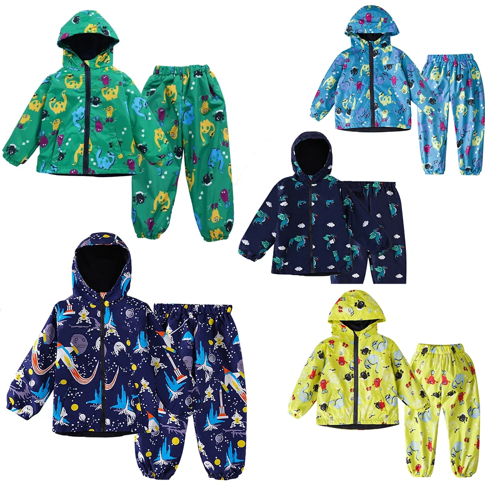 2-6Y Girls Boys Clothing Dinosaur Cartoon Long Sleeve Jacket+Pants 2Pcs Children Raincoat Waterproof For Girls Boys Kid Costume