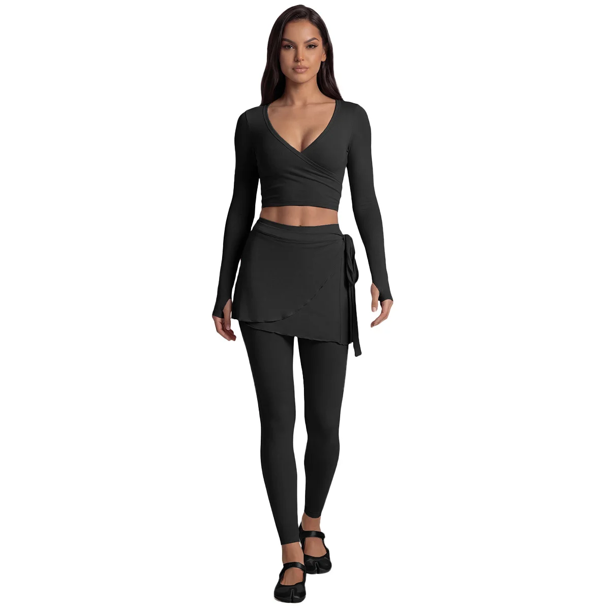 Long Sleeve Yoga Top Cross Front Ballet Core Workout Set Tie Back Sports Top Women Gym Dance Pilates Fitness Clothes 5
